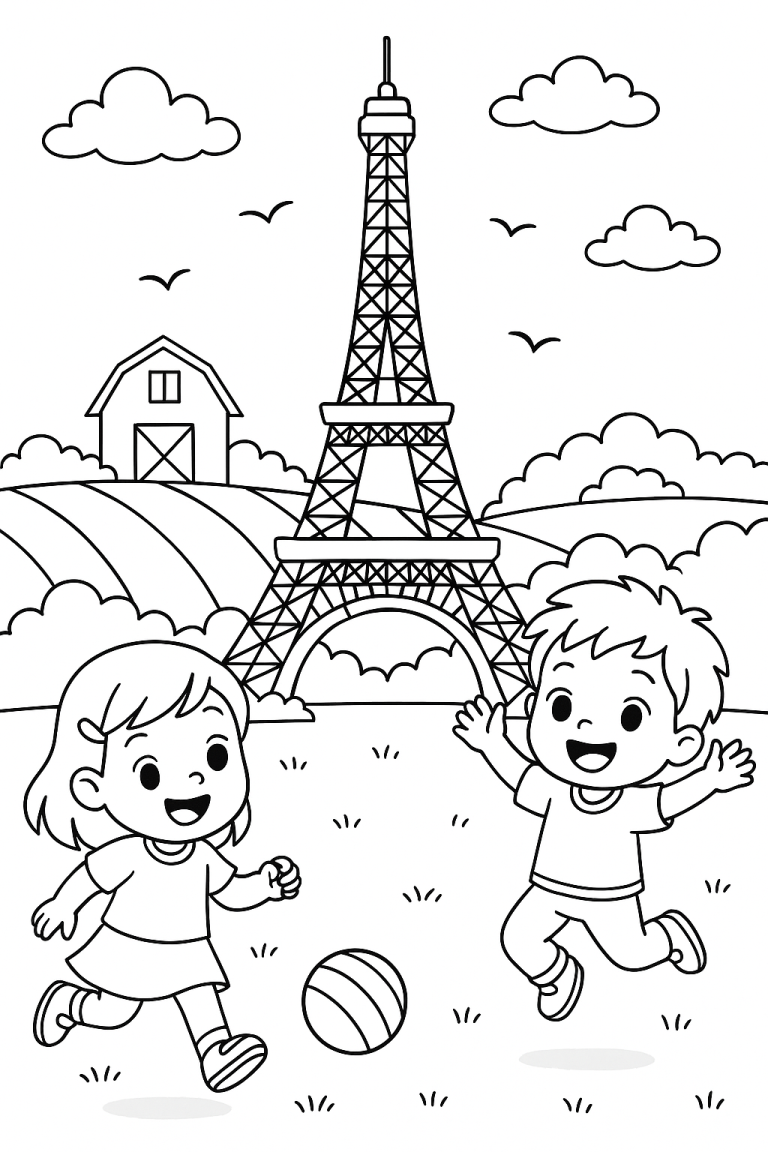 Children playing near the Eiffel Tower coloring page