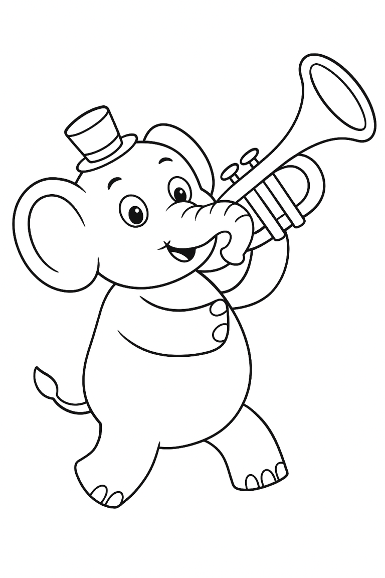 Elephant playing a trumpet coloring page