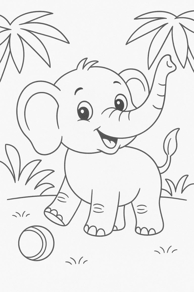 Coloring page of a cute elephant with trees and ball