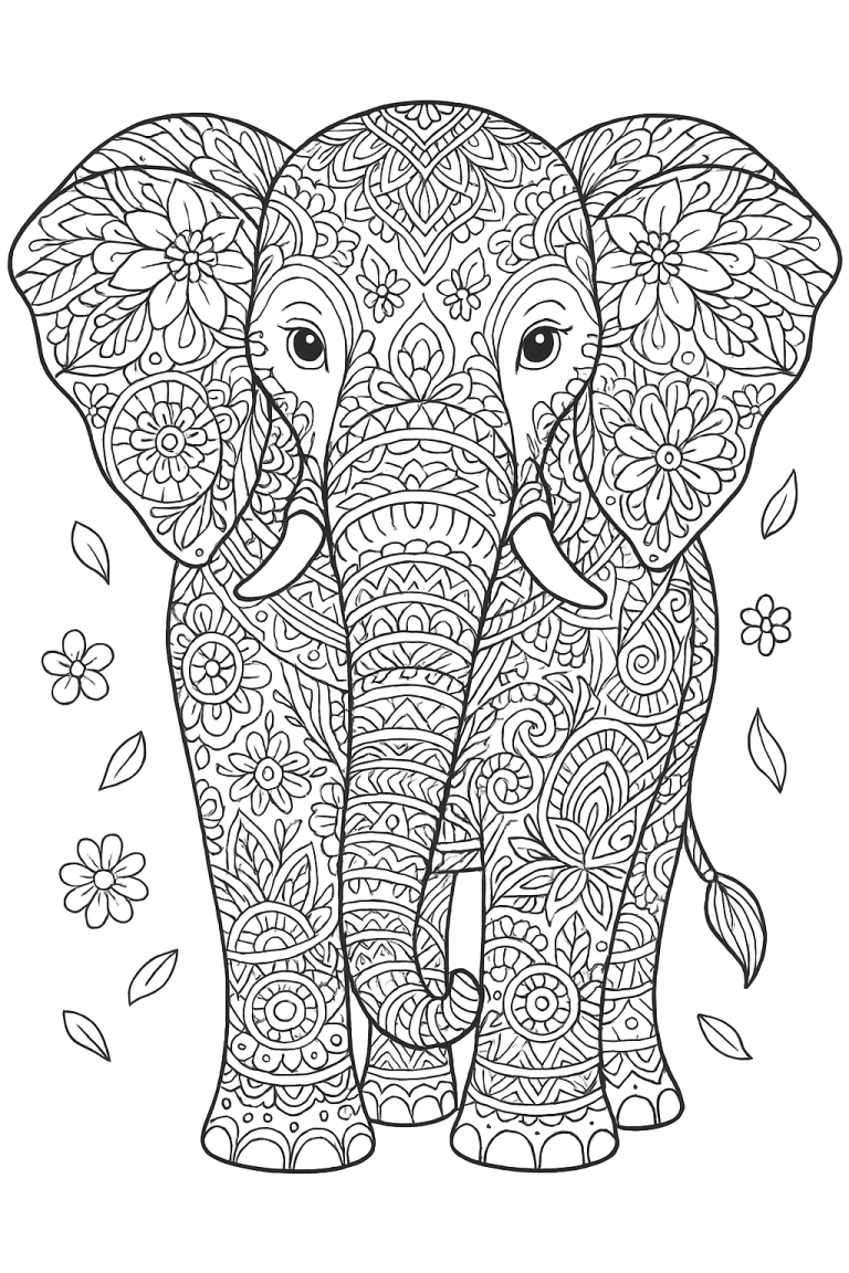 Elephant coloring page with floral patterns and designs