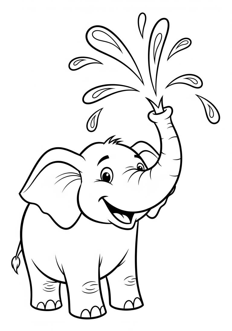 Cute elephant spraying water coloring page for kids