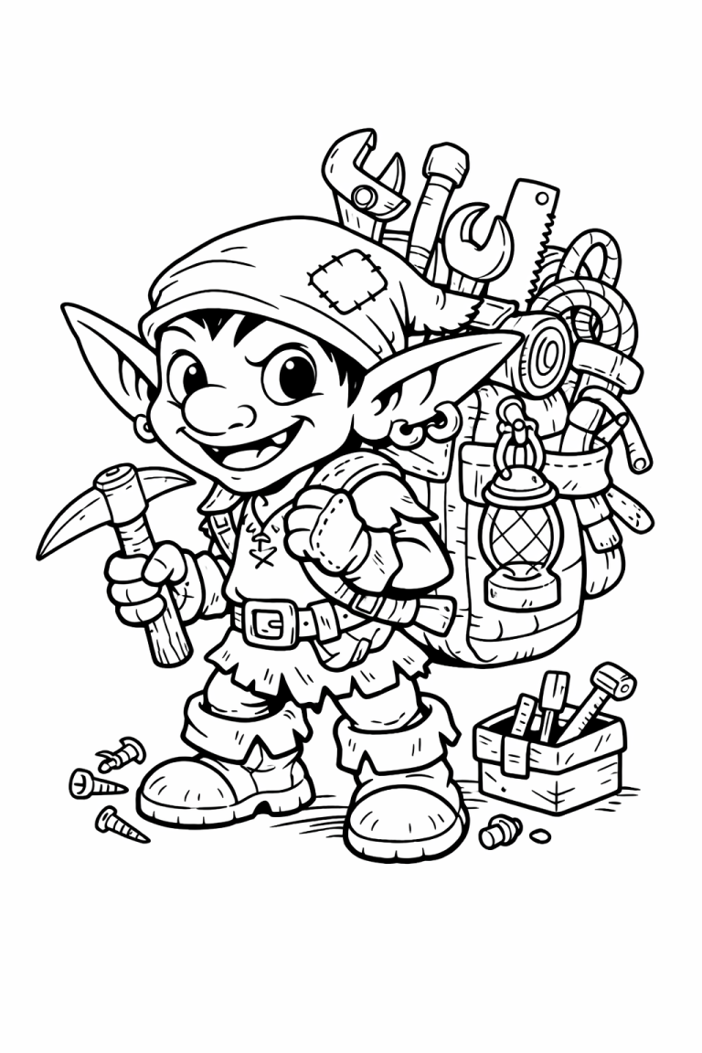 Elf builder with tools coloring page
