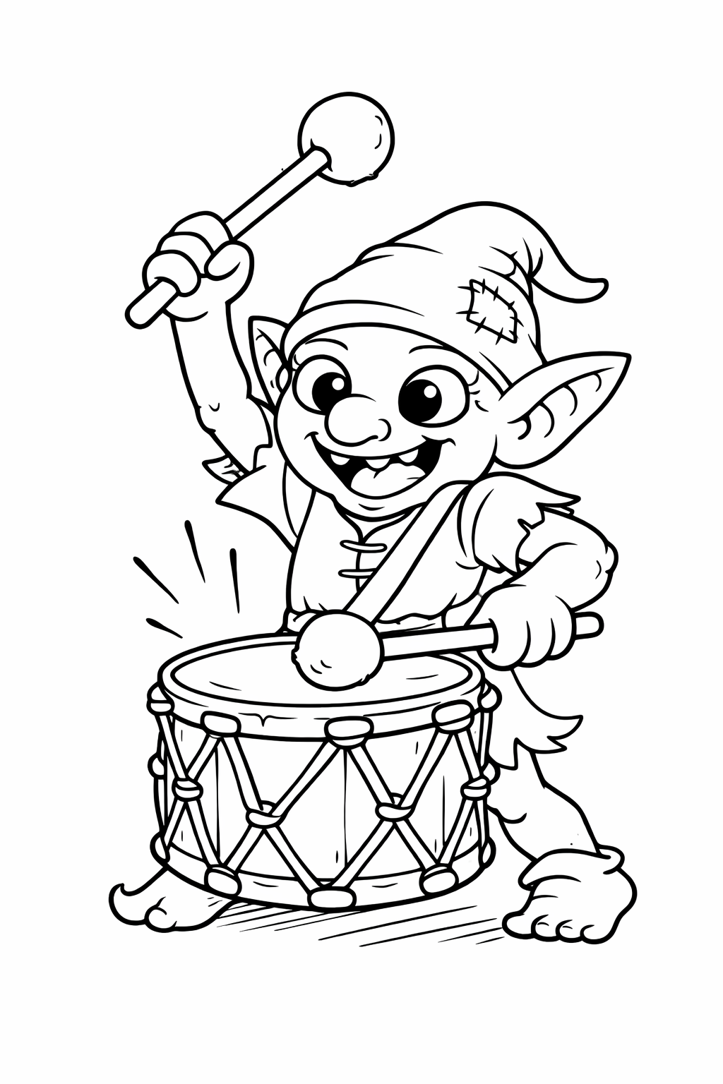 Cheerful elf playing a drum coloring page