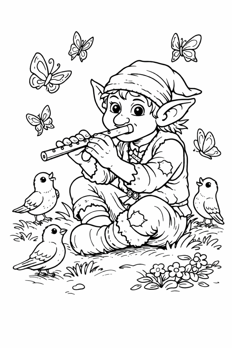 Elf playing flute surrounded by nature
