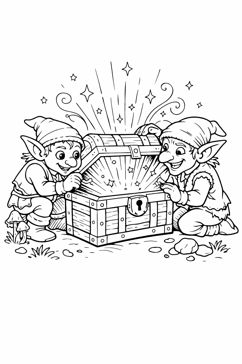 Two elves opening a sparkling treasure chest in a coloring page
