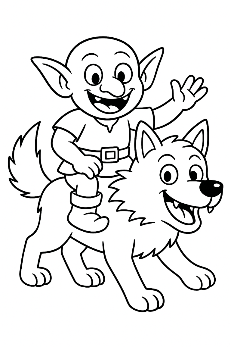 Elf riding a smiling wolf coloring page