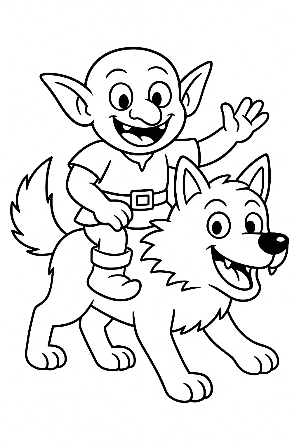 Elf riding a smiling wolf coloring page