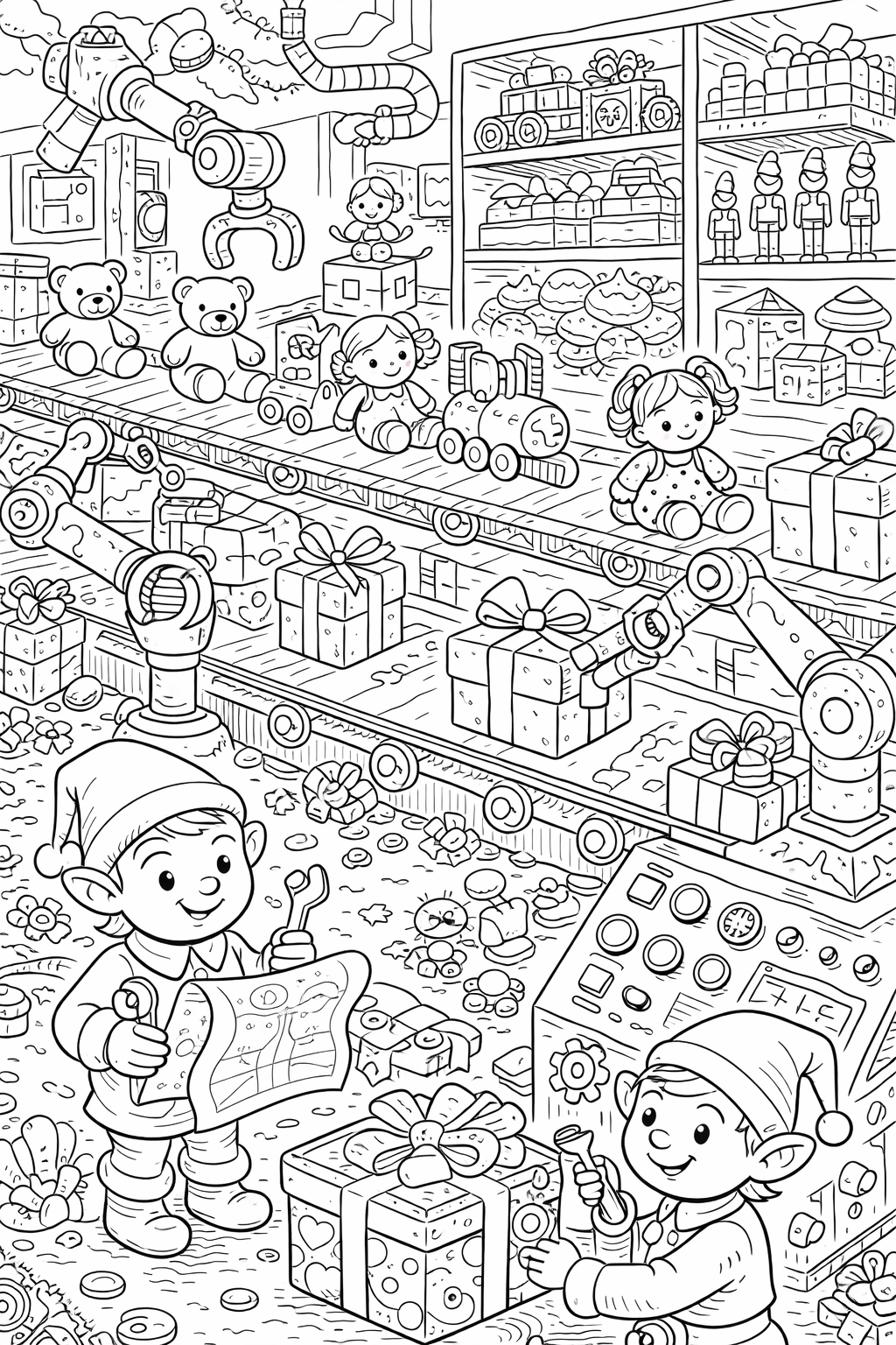 Elf workshop with toys and elves on a coloring page.