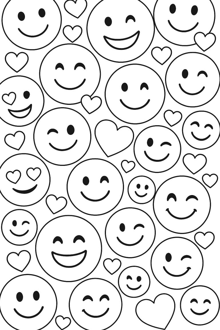 A children's coloring page with various emoji faces and hearts