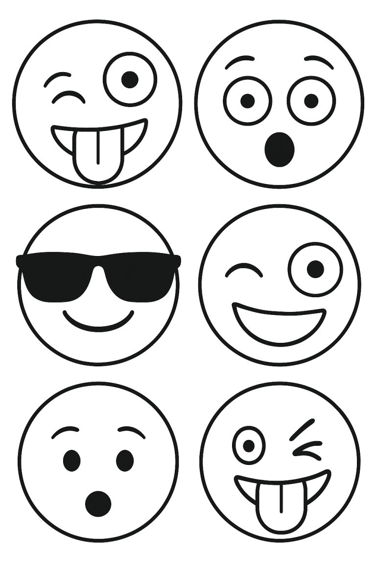 Coloring page with various emoji faces