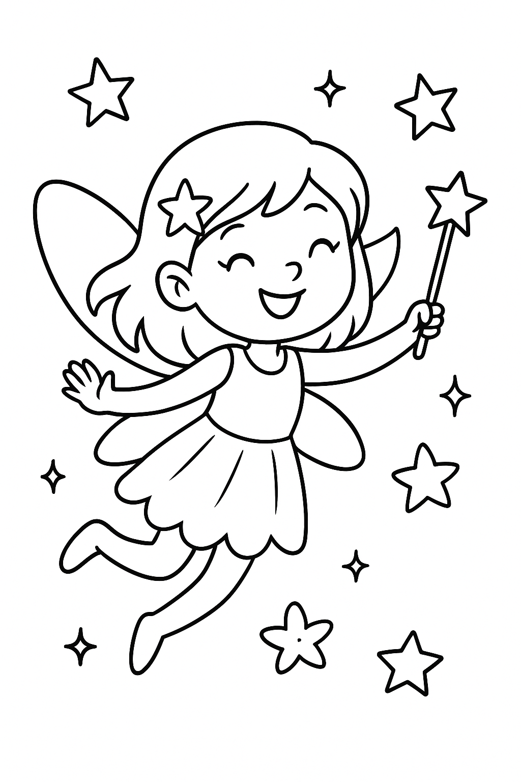 A happy fairy with a wand surrounded by stars
