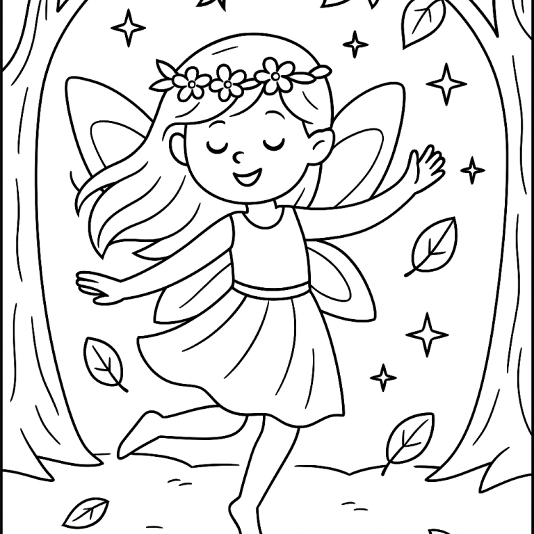 Fairy coloring page with wings and flowers