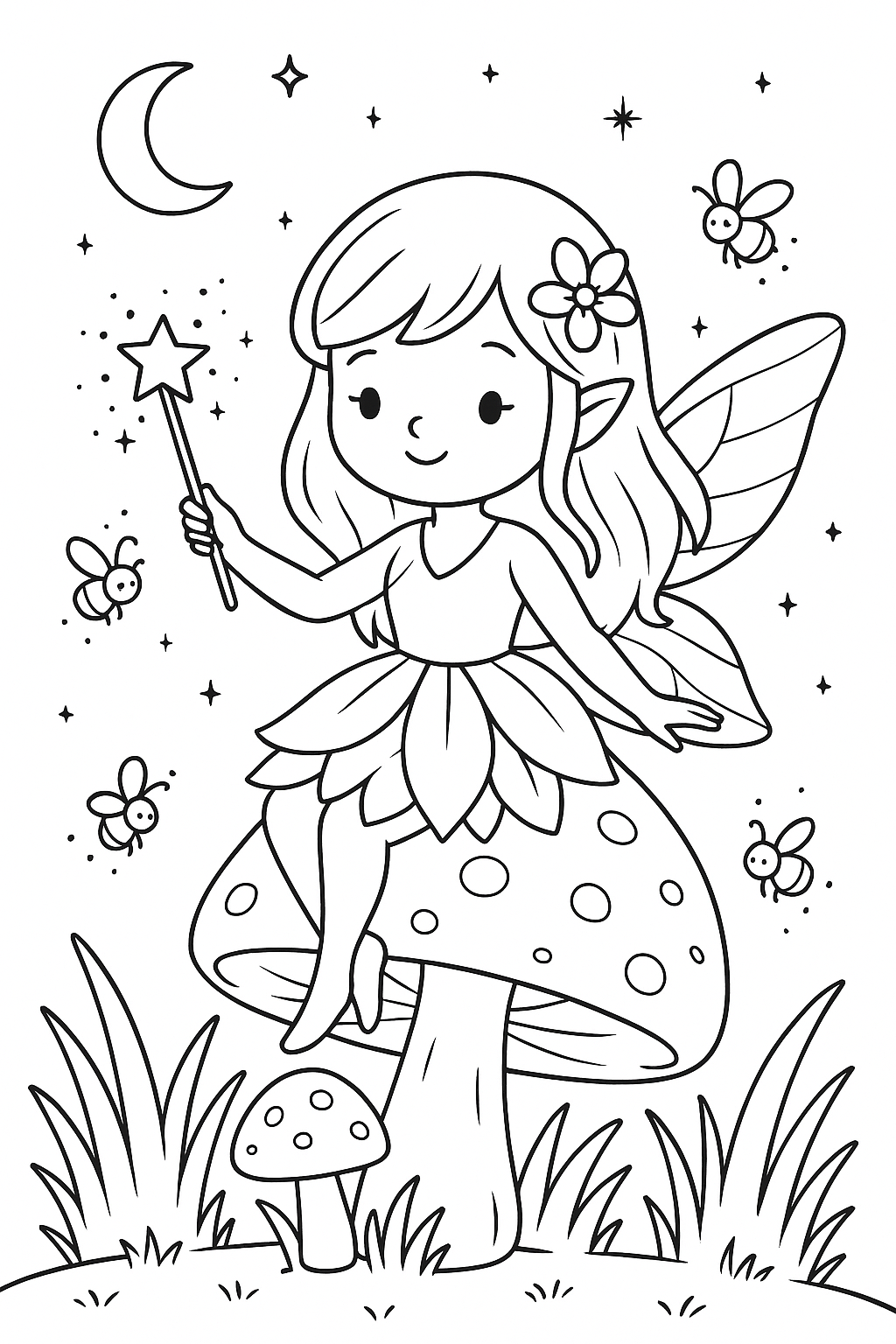 Fairy sitting on a mushroom coloring page