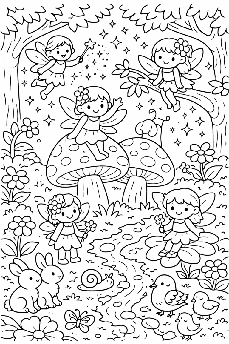 Fairy coloring page with fairies and forest creatures