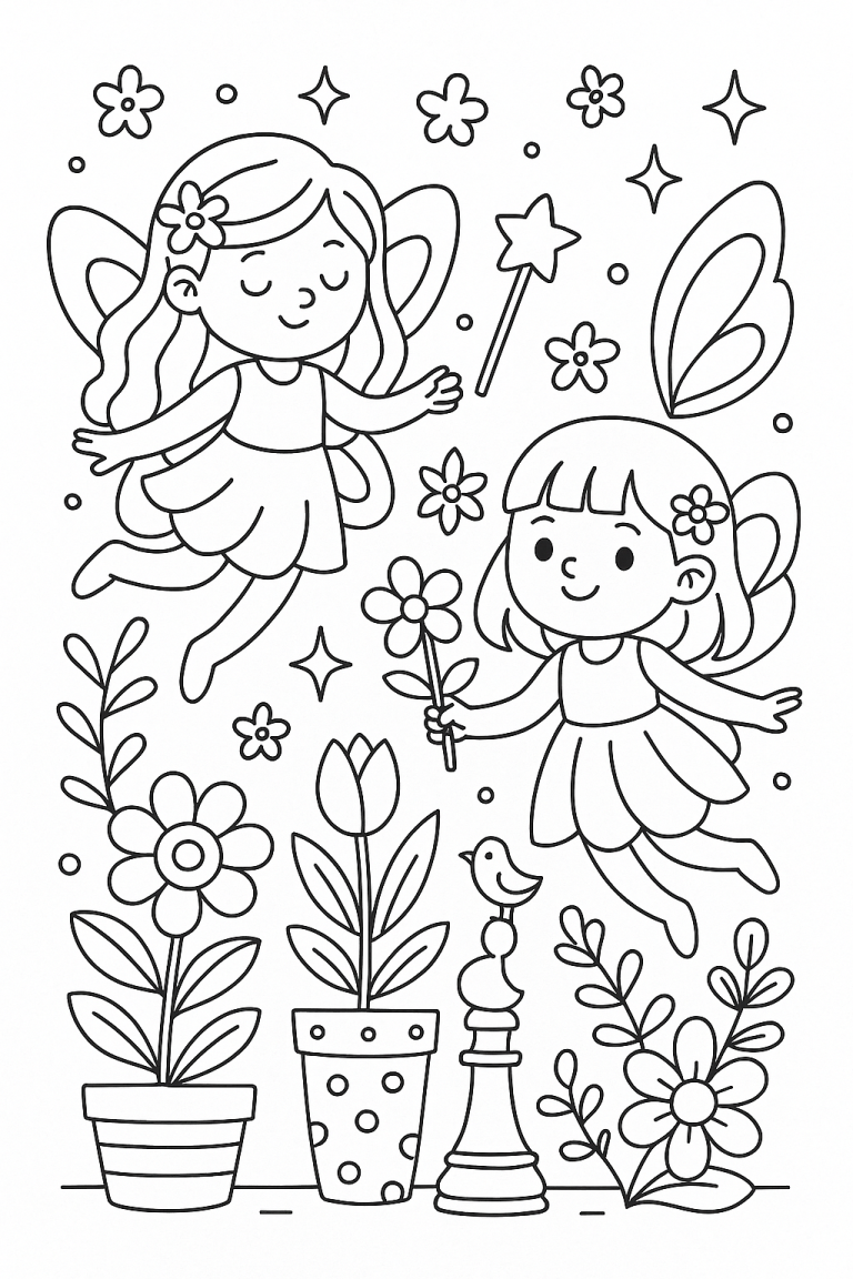 Coloring page with two fairies and flowers