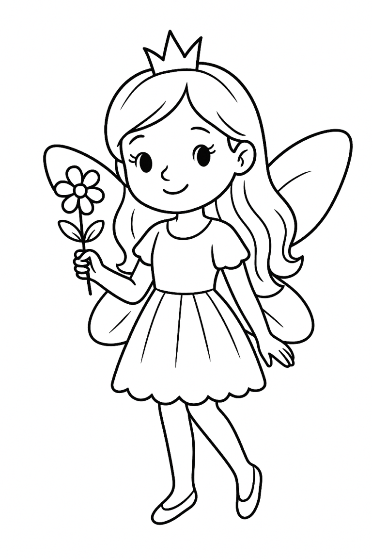 A simple, line-drawn fairy holding a flower