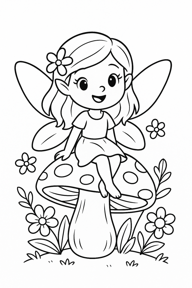Fairy sitting on a mushroom coloring page
