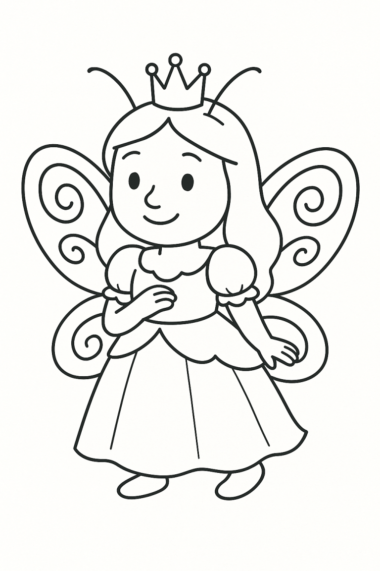 Line drawing of a fairy princess with wings and a crown.