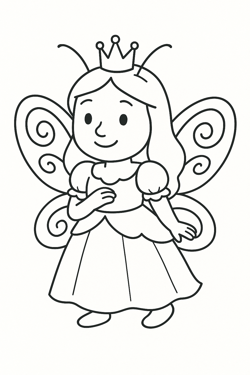 Line drawing of a fairy princess with wings and a crown.