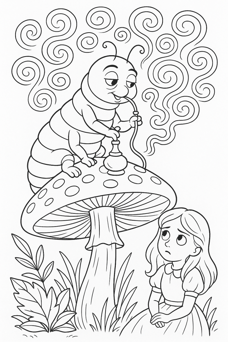 Fairy tale caterpillar on mushroom with girl