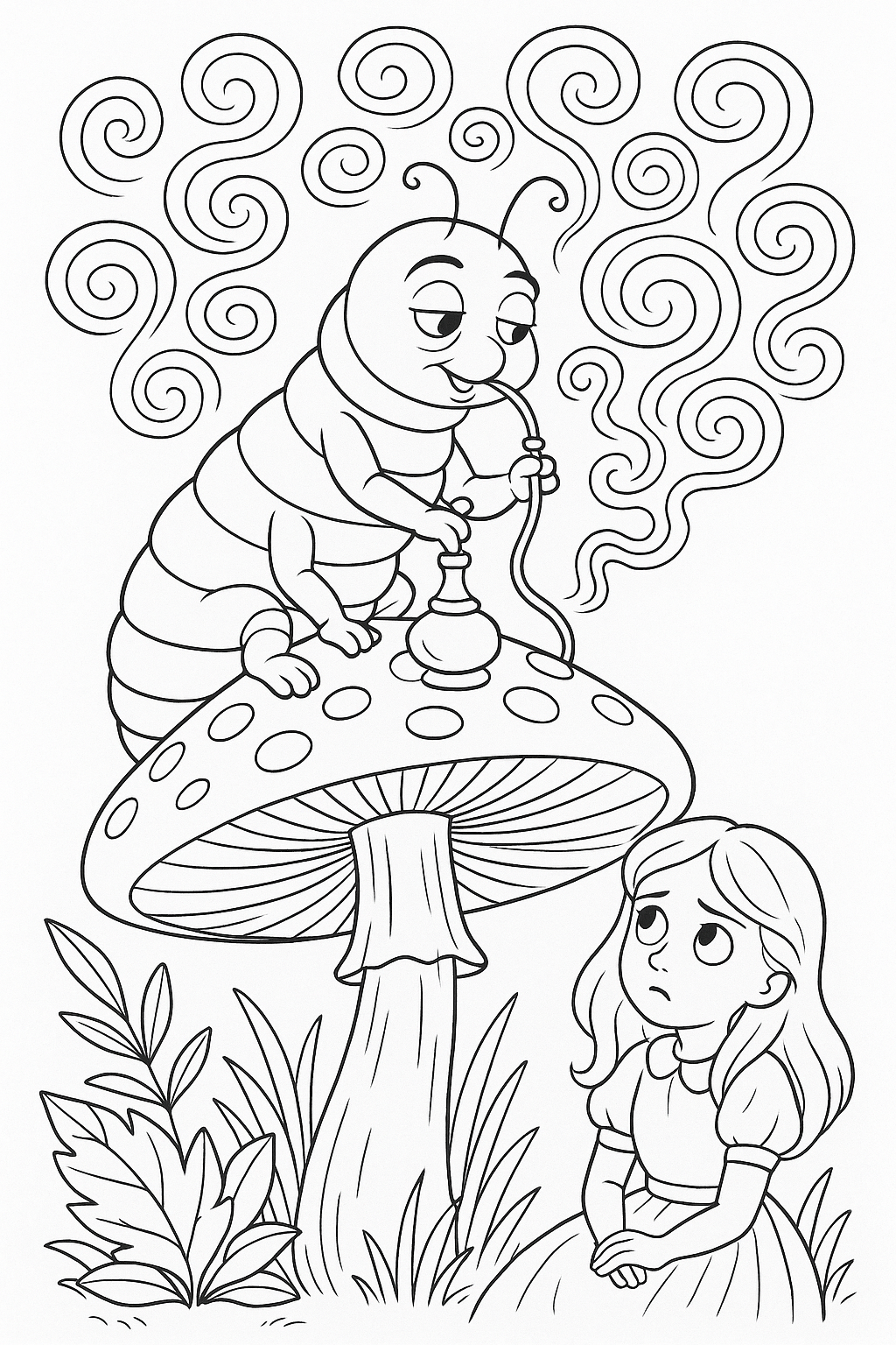 Fairy tale caterpillar on mushroom with girl