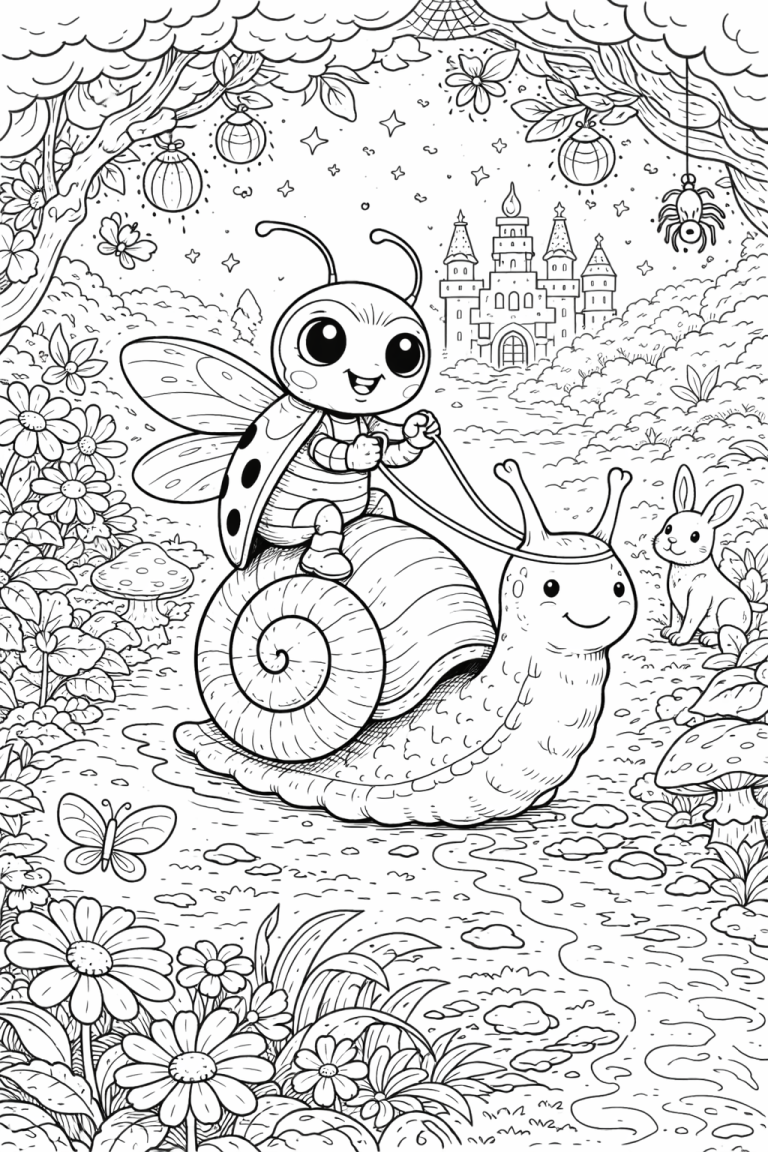 Ladybug riding a snail in a fairy tale setting