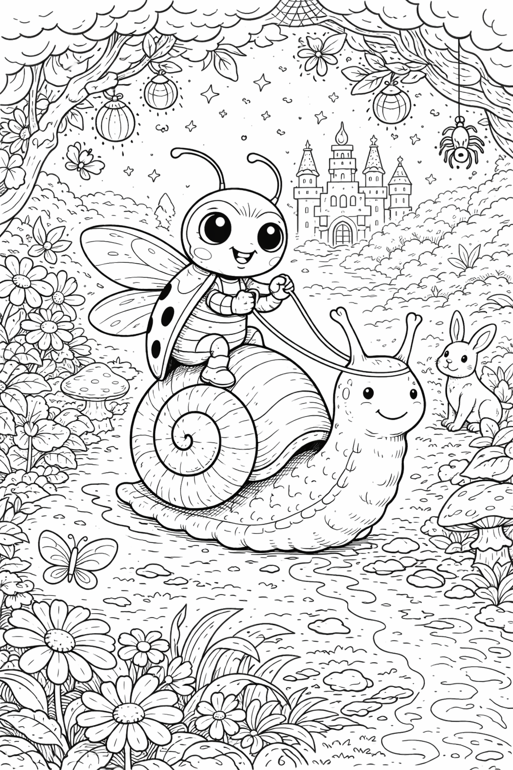 Ladybug riding a snail in a fairy tale setting