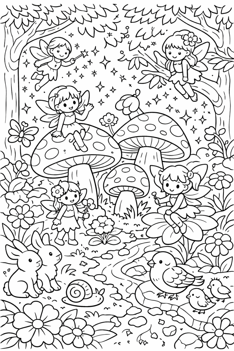 Coloring page with fairies, mushrooms, and forest animals