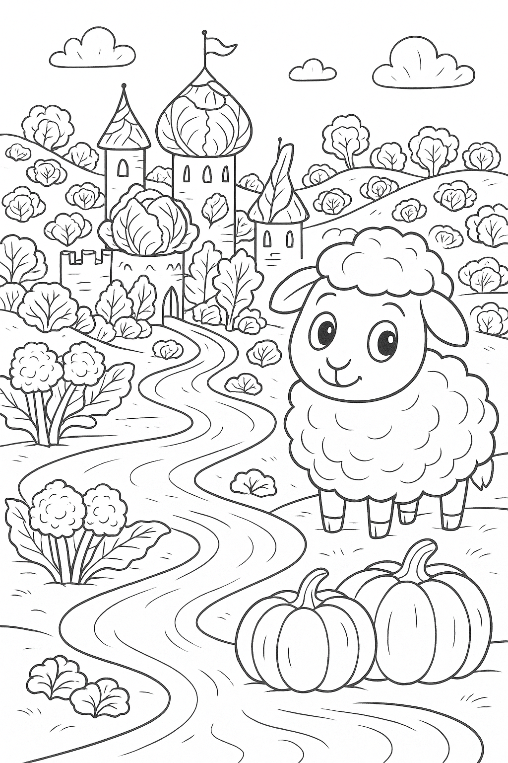 Fairytale landscape with sheep and castle