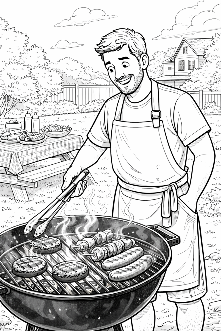 Family BBQ scene coloring page with grilling