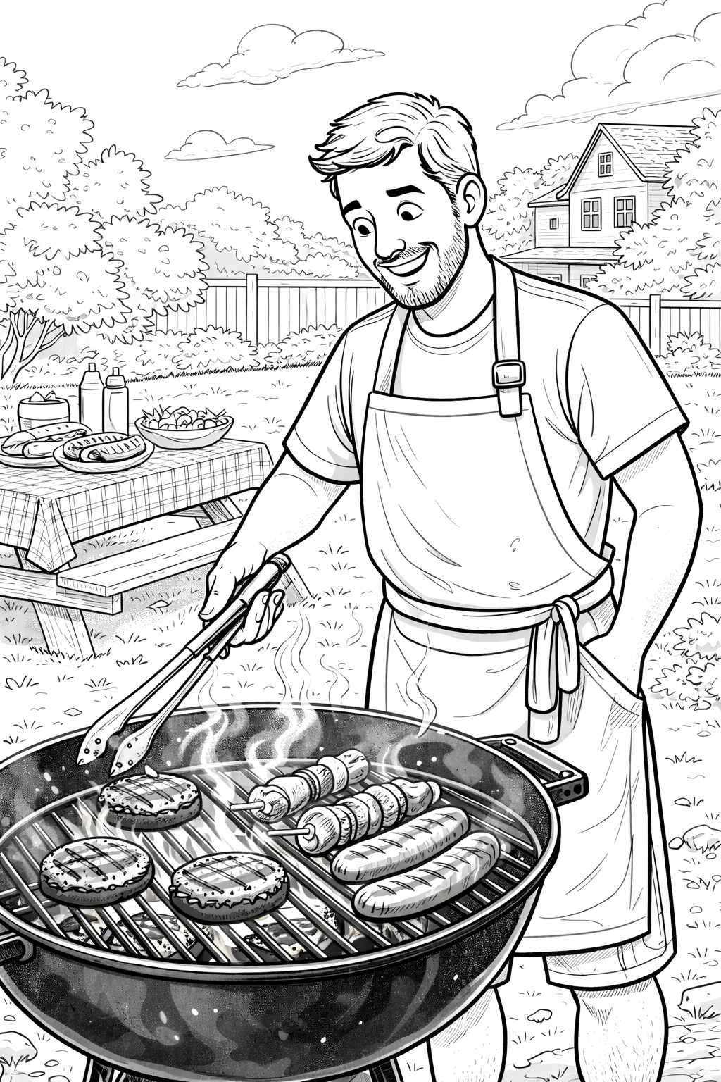 Family BBQ scene coloring page with grilling