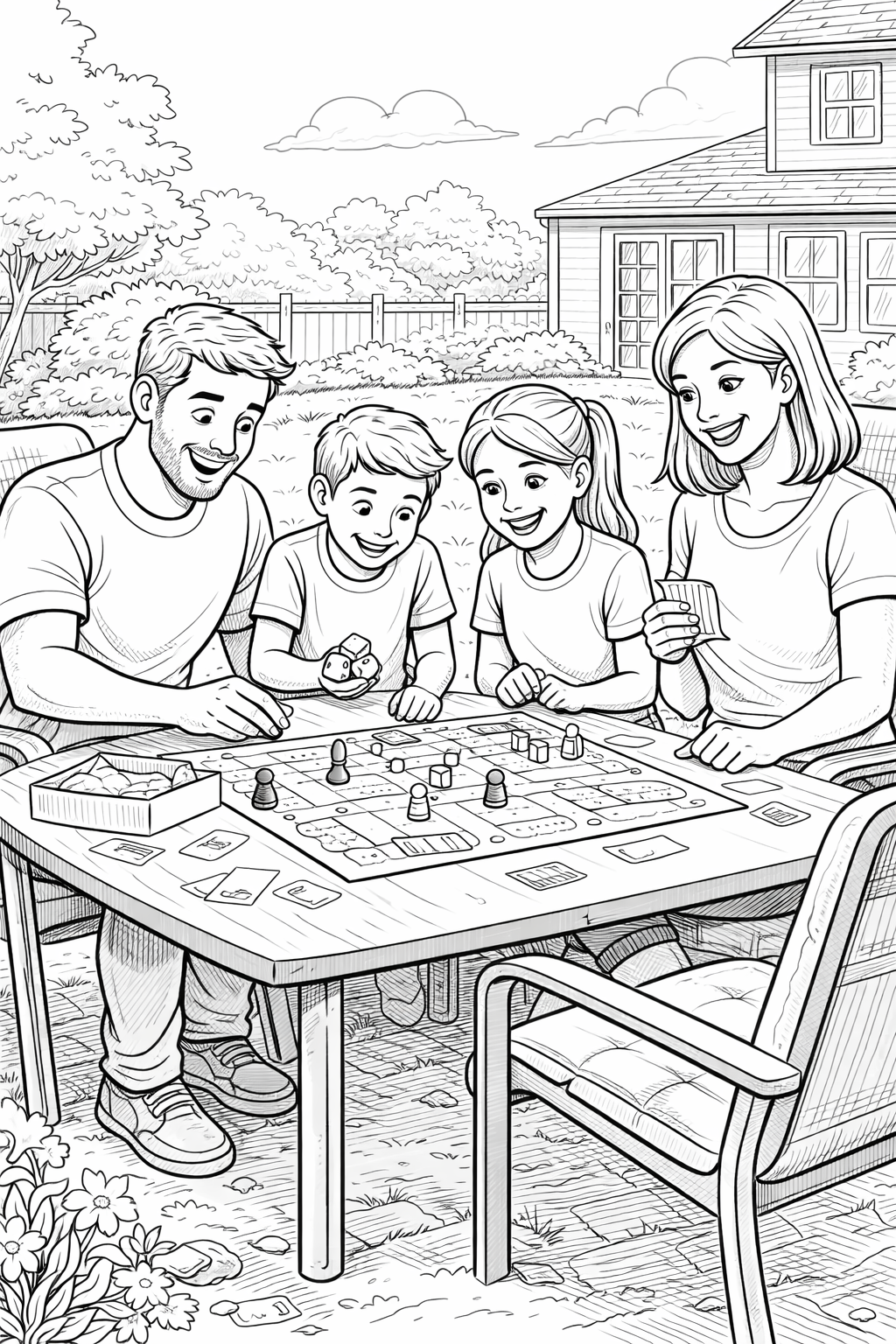 Family playing board game outdoors coloring page