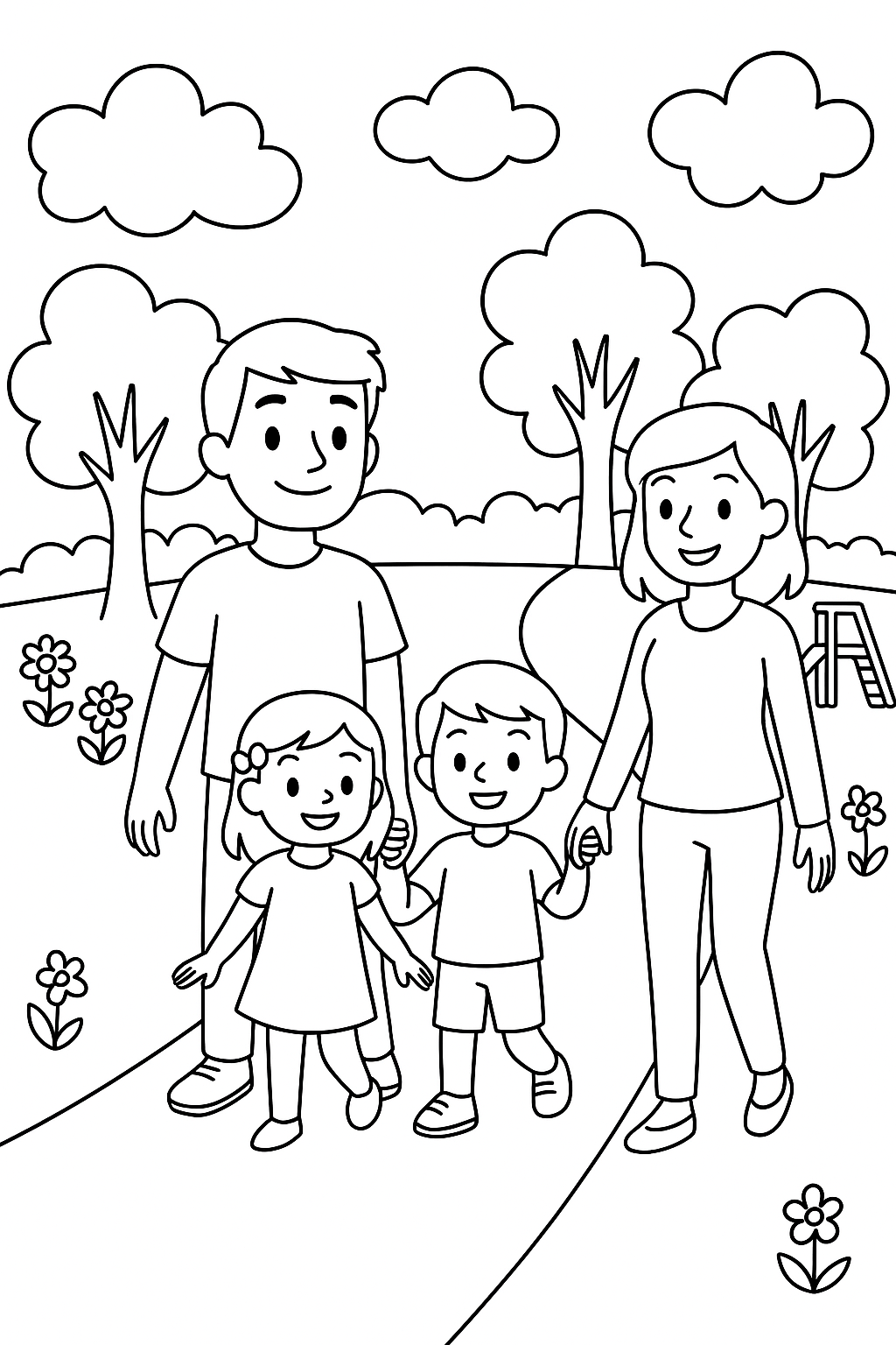 Family enjoying a walk in a park coloring page