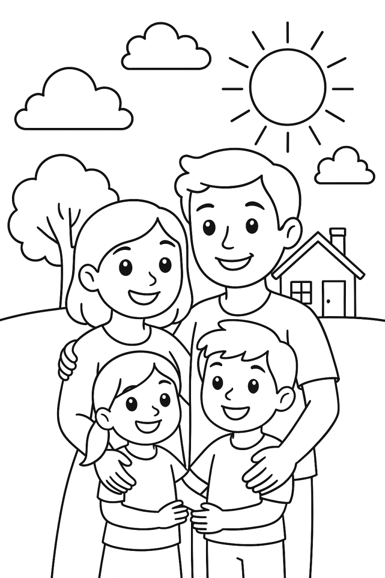 Family coloring page with parents and children outdoors
