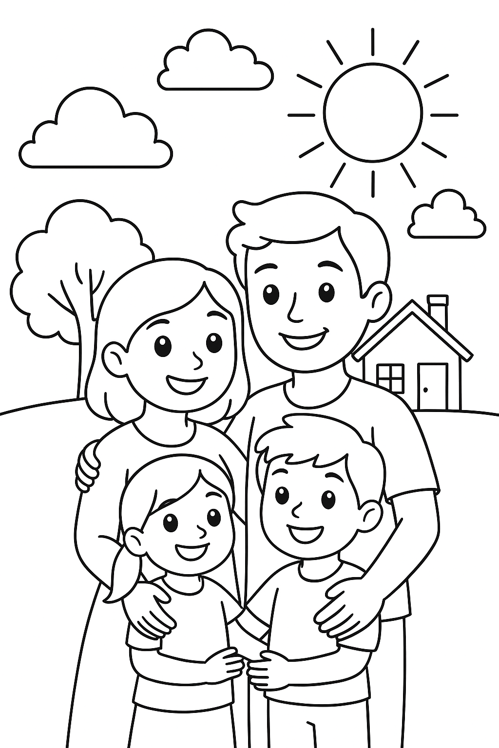 Family coloring page with parents and children outdoors