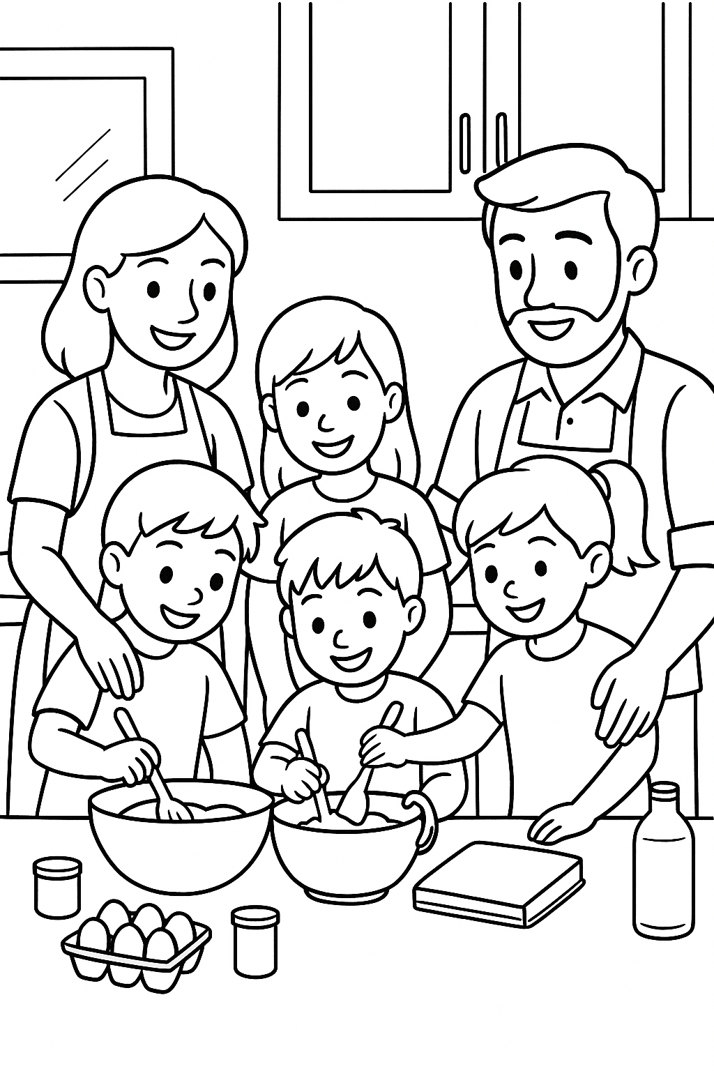Family cooking together in the kitchen coloring page