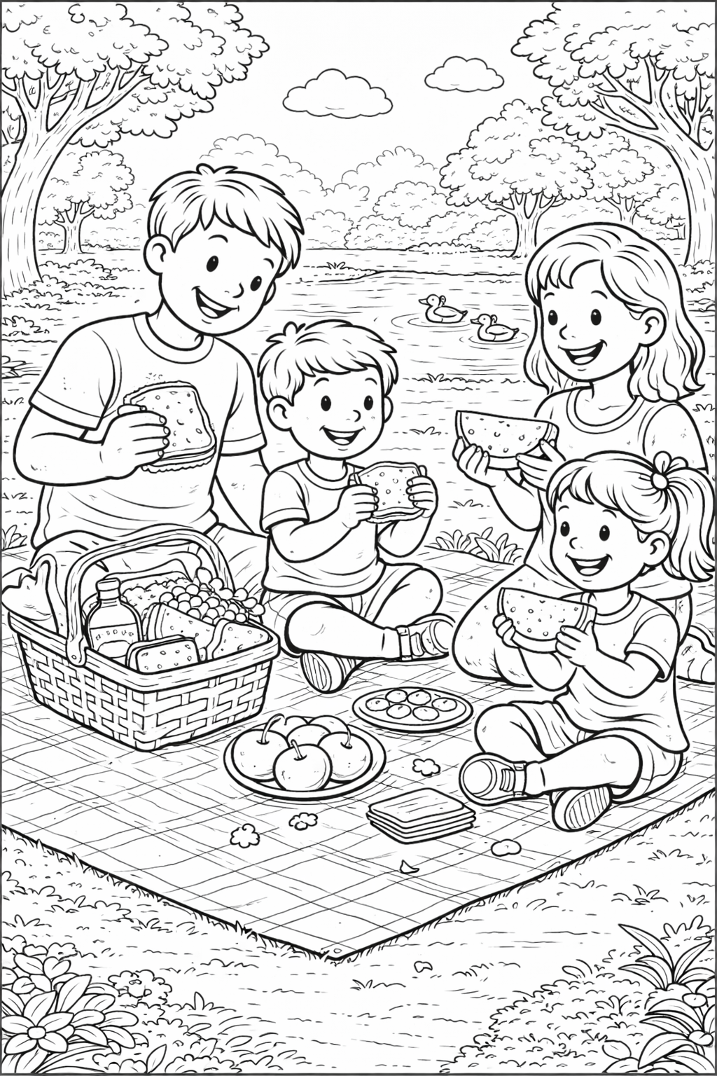 Family picnic coloring page with children and parents