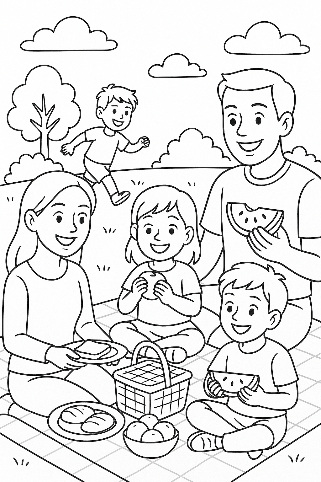 Family picnic with children coloring page