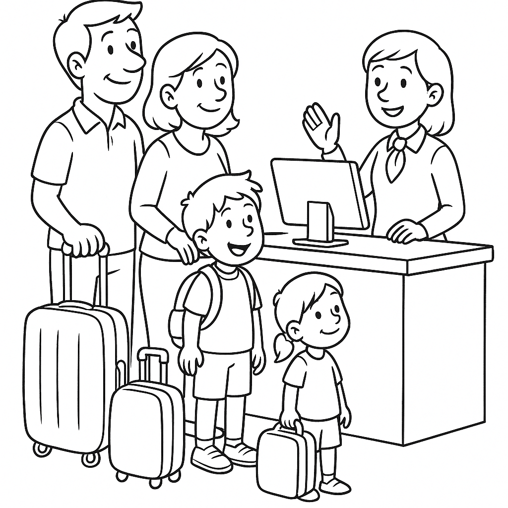 Family checking in at an airport counter coloring page