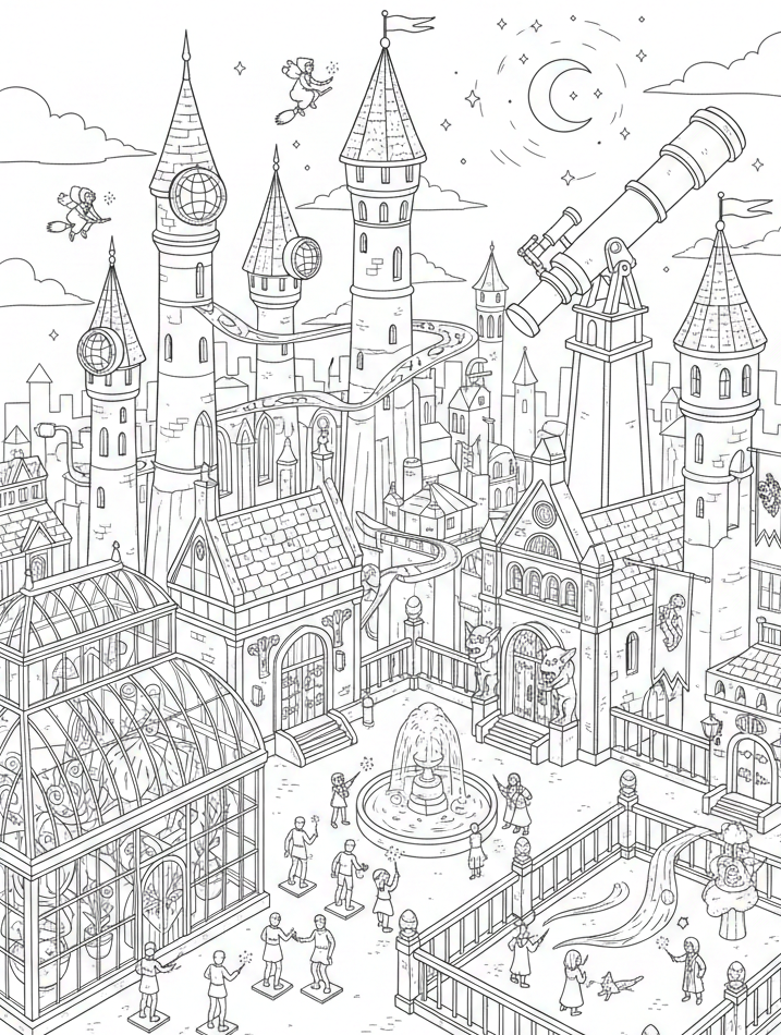 Fantasy castle with towers and magical elements
