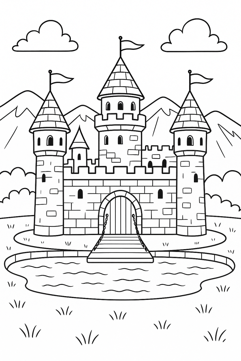 Coloring page of a fantasy castle with towers and flags.
