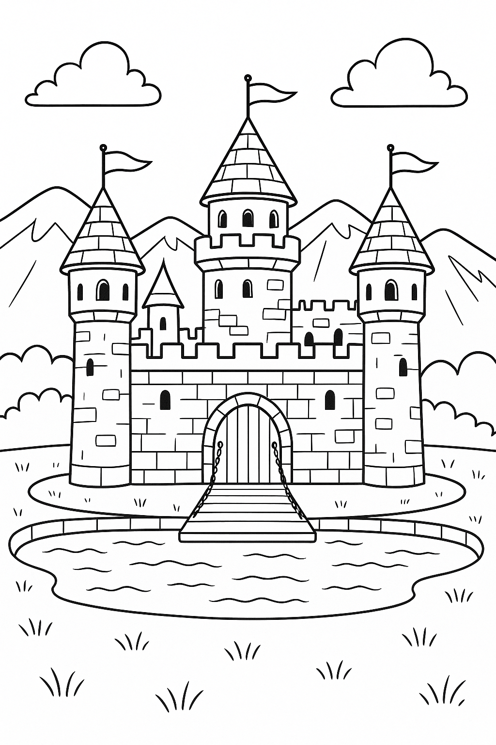 Coloring page of a fantasy castle with towers and flags.