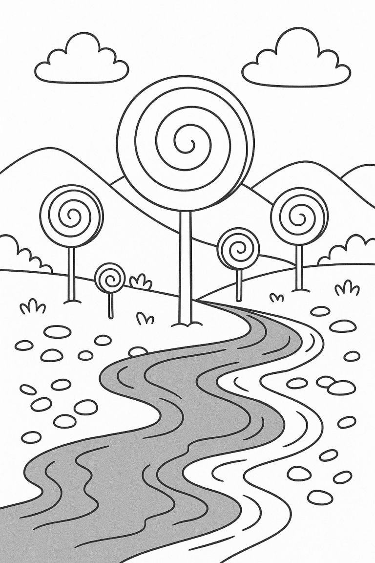 Coloring page of a fantasy landscape with swirling trees and river