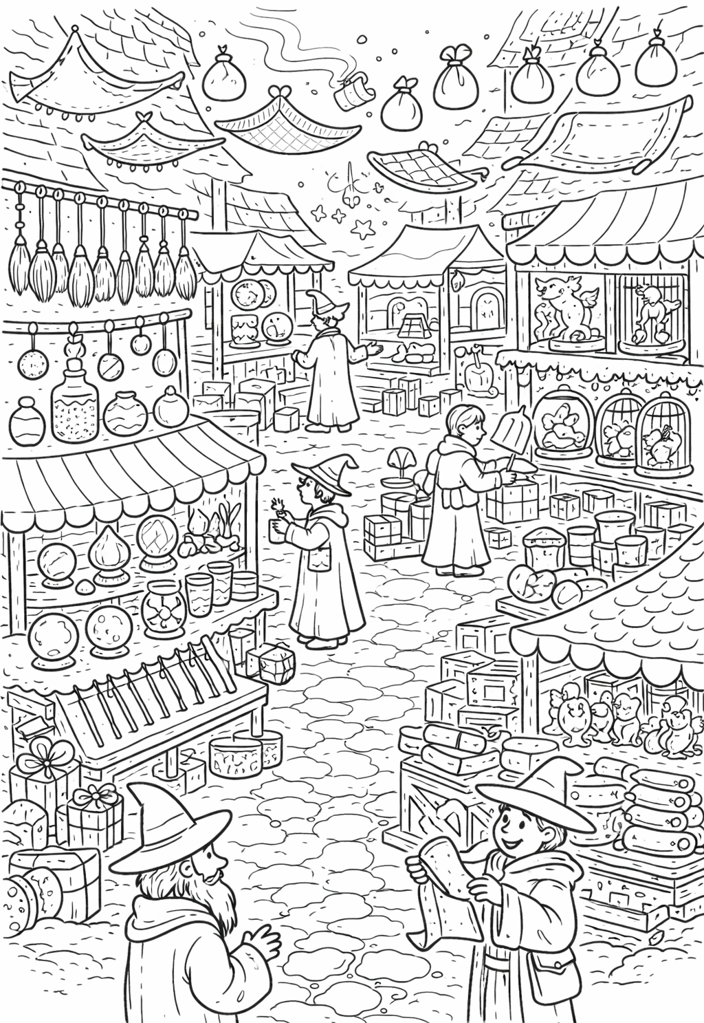 Fantasy market scene with wizards and magical items.