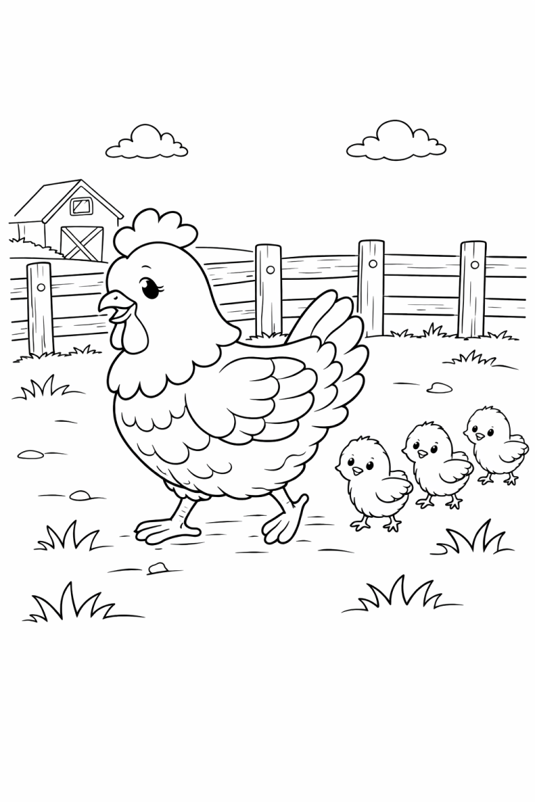 Coloring page of a hen and chicks on a farm