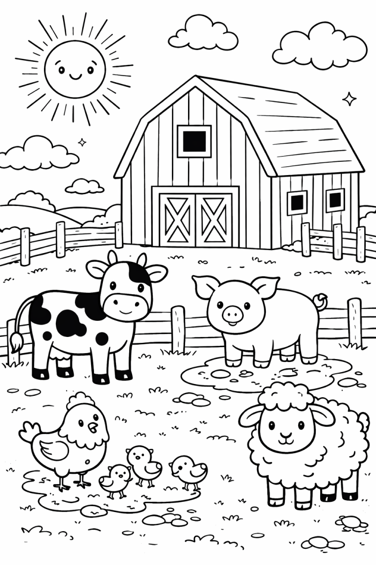 Farm animals coloring page with barn and sun