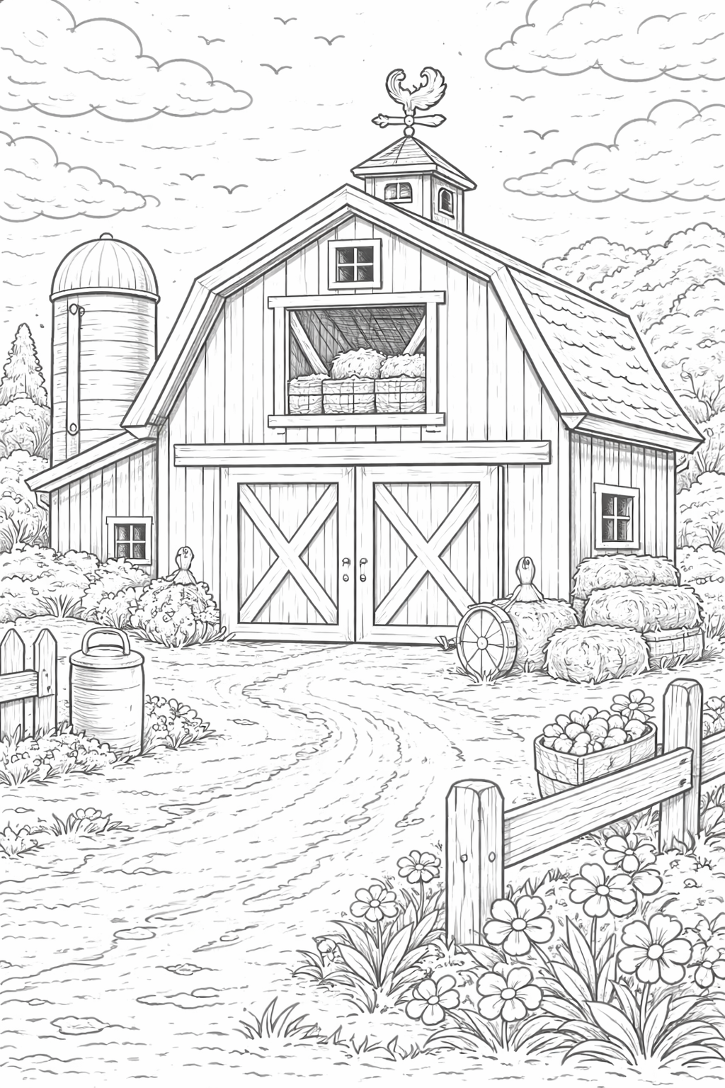 Coloring page of a farm barn with hay bales and trees