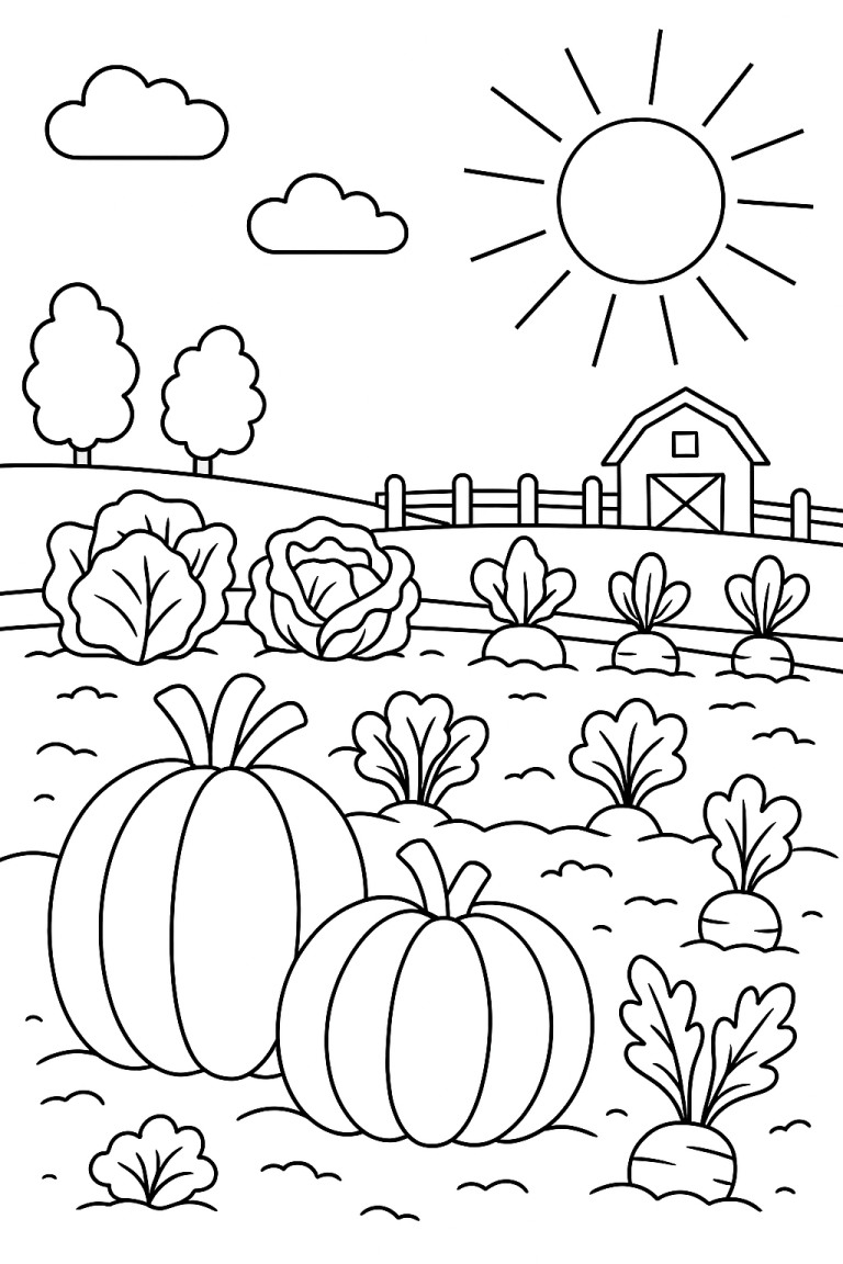 Children's farm coloring page with pumpkins and a barn