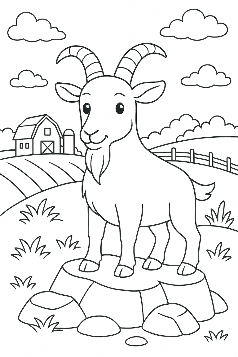 Coloring page of a goat standing on a rock in a farm setting