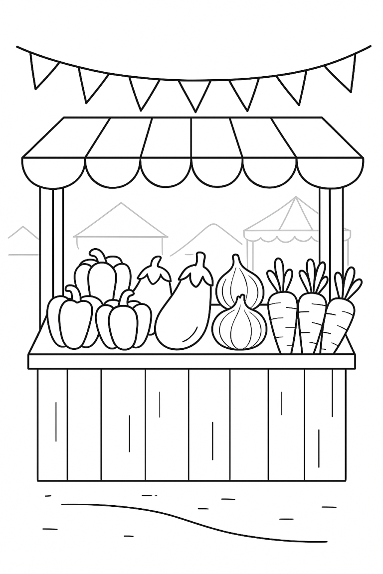 Farmers market stand with vegetables coloring page